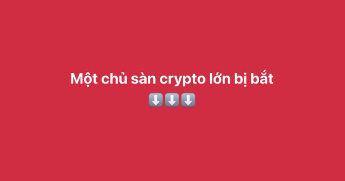 A red screen with Vietnamese text 'Một chủ sàn crypto lớn bị bắt' (A major crypto exchange owner was arrested) with three down-arrow emojis beneath.