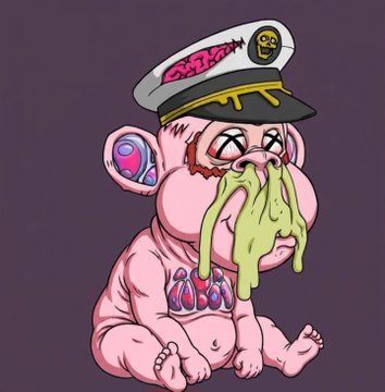 A cartoon illustration of a baby wearing a sailor hat with a design on it and a bib, vomiting a green liquid onto its face against a purple background.