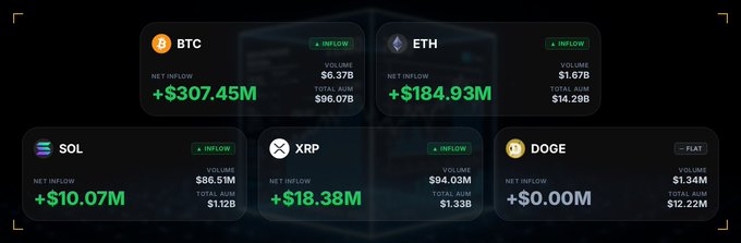 A dark-themed crypto dashboard showing net inflow data for major cryptocurrencies: BTC +$307.45M, ETH +$184.93M, SOL +$10.07M, XRP +$18.38M, and DOGE flat at $0.00M.