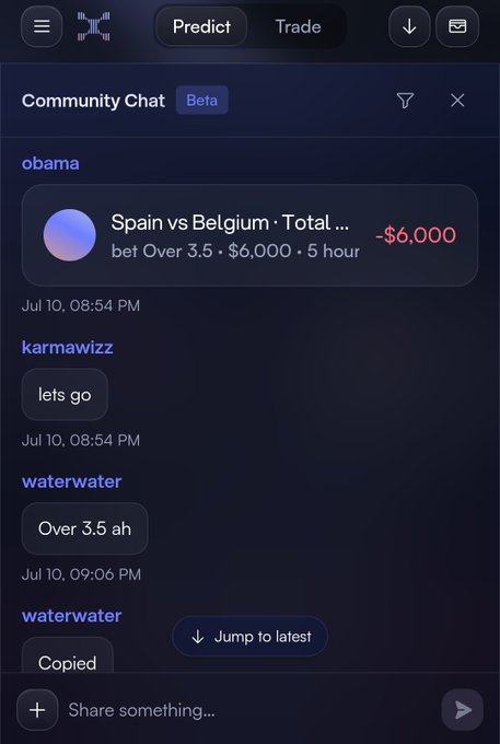 A mobile app screenshot showing a 'Community Chat (Beta)' with sports betting messages, including a bet on 'Spain vs Belgium • Total ... bet Over 3.5 • $6,000 • 5 hour' with a -$6,000 result, and messages from users 'obama', 'karmawizz', and 'waterwater'.