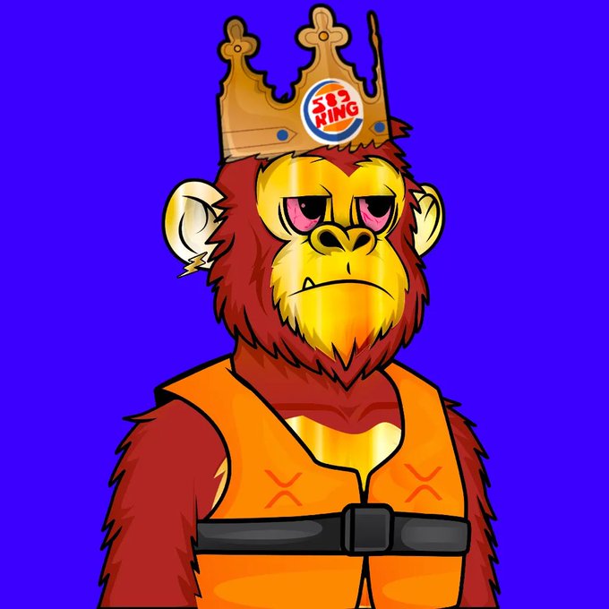 An illustrated NFT-style monkey character wearing a Burger King crown, an orange vest with an X harness, and sporting a serious expression on a blue background.