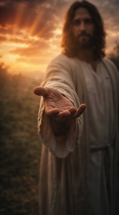 An image depicting a figure resembling Jesus in a white robe extending his hand outward, with sun rays breaking through clouds in the background.