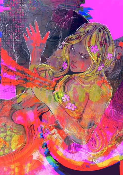 A vibrant digital illustration of a blonde woman with flowers in her hair, rendered in energetic strokes of pink, red, yellow, and green against a bright magenta background.