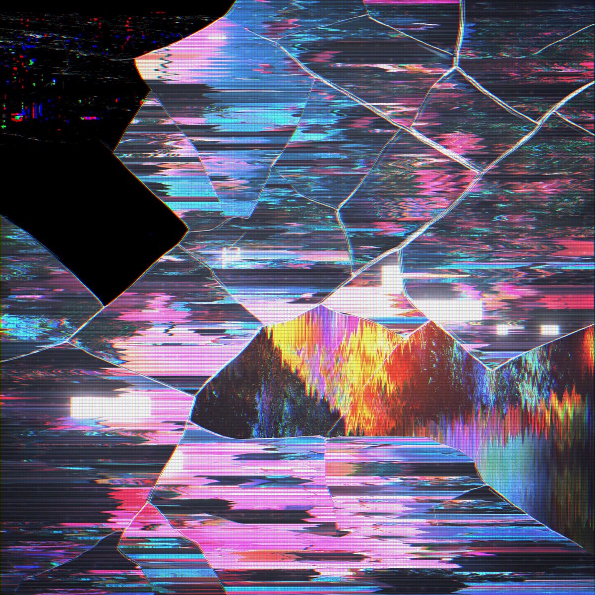 The image features a digital art piece with a unique blend of colors, including shades of blue, pink, yellow, and black. The artwork appears to be a mosaic or collage composed of various shapes and patterns that create an abstract visual effect. The image is accompanied by a caption discussing the artist's work and their connection to other artists' creations.