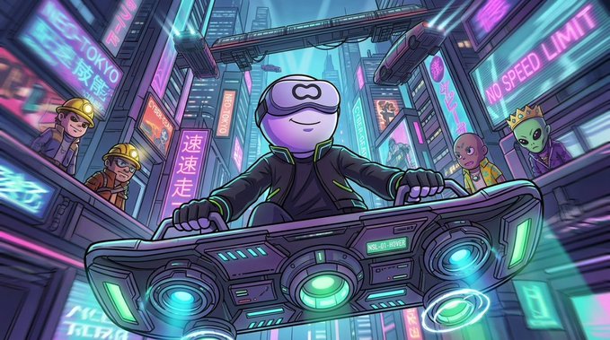 A cartoon-style illustration of a character wearing a VR headset riding a futuristic hoverboard through a neon-lit cyberpunk city street with signs reading 'NEO-TOKYO' and 'NO SPEED LIMIT'.
