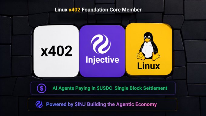 A promotional graphic displaying 'Linux x402 Foundation Core Member' with logos for x402, Injective, and Linux, alongside text 'AI Agents Paying in $USDC Single Block Settlement' and 'Powered by $INJ Building the Agentic Economy'.