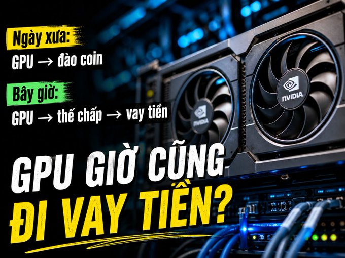 A Vietnamese-language graphic about GPUs with NVIDIA graphics cards in the background, featuring text 'Ngày xưa: GPU → đào coin, Bây giờ: GPU → thế chấp → vay tiến, GPU GIỜ CŨNG ĐI VAY TIỀN?'.