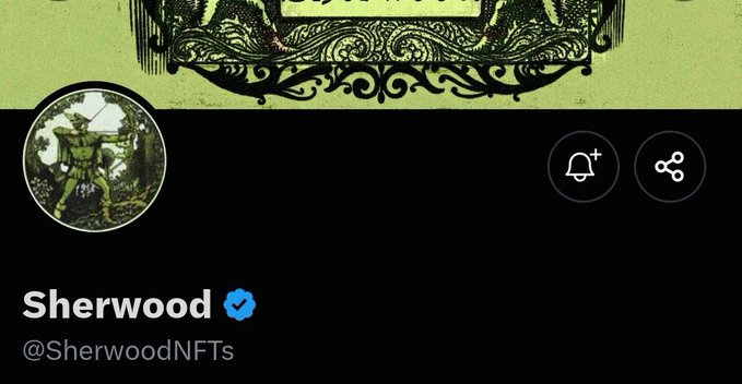 A social media profile header for "Sherwood" (@SherwoodNFTs) features a verified blue checkmark, a circular avatar of a green character, and an ornate green and black banner design.