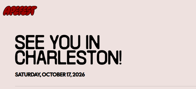 APEFEST promotional graphic with red graffiti-style logo on a beige background, displaying 'SEE YOU IN CHARLESTON! SATURDAY, OCTOBER 17, 2026'.