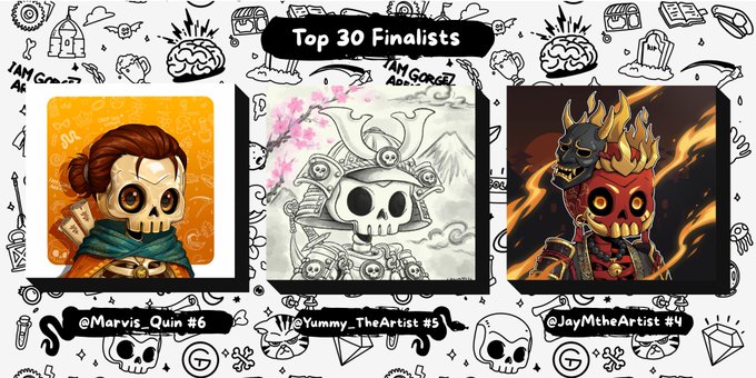 A showcase of 'Top 30 Finalists' displays three skull-themed character artworks by '@Marvis_Quin #6', '@Yummy_TheArtist #5', and '@JayMtheArtist #4', including samurai and flame-adorned designs.