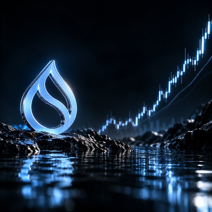 A digital artwork of a glowing blue water drop logo next to a rising financial candlestick chart against a dark background.