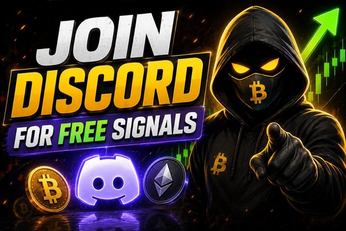 A promotional graphic reading 'JOIN DISCORD FOR FREE SIGNALS' featuring a hooded figure with glowing yellow eyes and a Bitcoin logo mask, alongside Discord, Bitcoin, and Ethereum logos with a green upward candlestick chart.