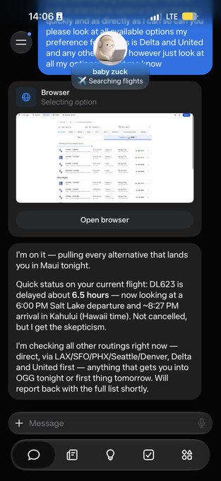 A screenshot of a chat conversation where an AI assistant is searching for flight alternatives for a delayed Delta flight (DL623) from Salt Lake City to Kahului, showing flight options and confirming the delay of about 6.5 hours. The user mentions asking "Muse" to file for compensation, which connects to the $250 Delta credit referenced in the caption.