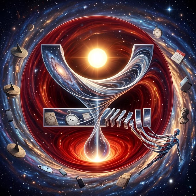 A surreal cosmic illustration featuring a glowing hourglass at its center, surrounded by swirling red and blue galaxies, with scattered clocks, calendars, a classical bust, and a humanoid figure orbiting the central vortex.