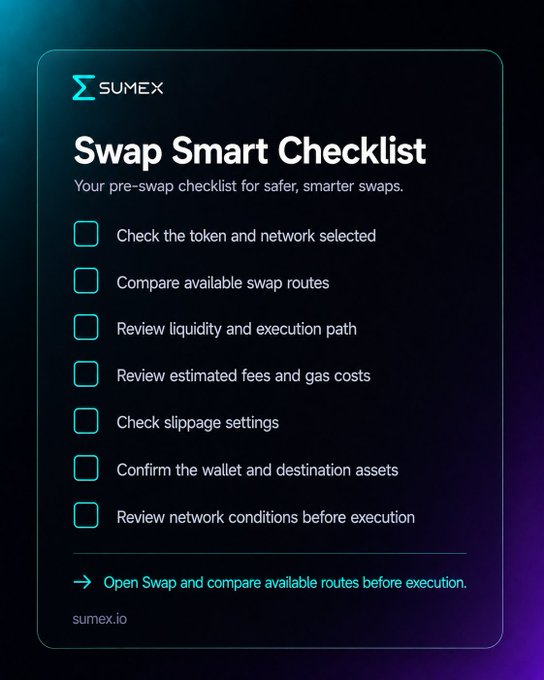 SUMEX 'Swap Smart Checklist' infographic listing pre-swap steps including checking tokens/network, comparing routes, reviewing liquidity, fees, slippage, wallet confirmation, and network conditions, promoting sumex.io.