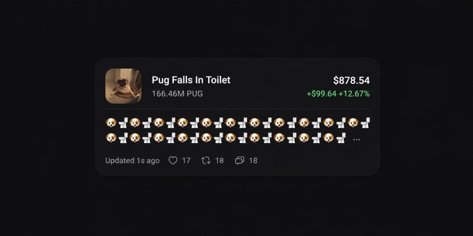 A meme coin tracker displays "Pug Falls In Toilet" (PUG) trading at $878.54, up +$999.64 (+12.67%), with a humorous row of toilet emojis replacing typical ticker symbols—reflecting the post's playful take on the absurdity of this volatile meme token's massive price spike.