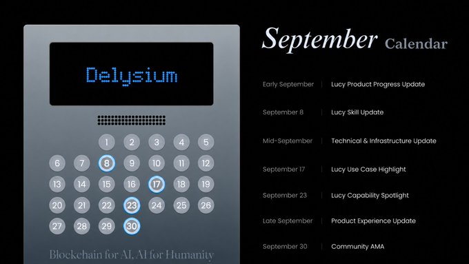 A September calendar graphic for "Delysium" displaying "Blockchain for AI. AI for Humanity" with dates including 8, 17, 23, and 30 circled.