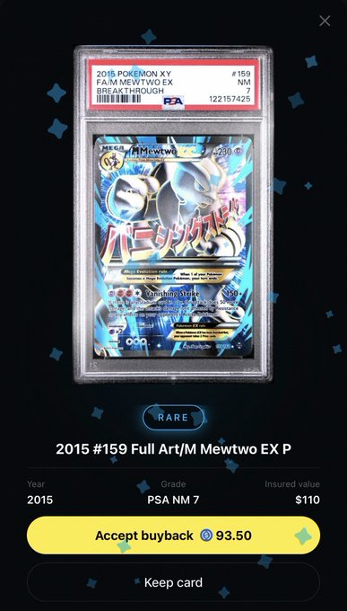 A PSA-graded Pokemon trading card from 2016, identified as '#159 Full Art/M Mewtwo EX P', displays a buyback offer of 93.50 coins for an insured value of $110.
