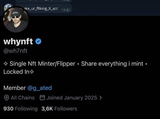The image shows the Twitter/X profile of "whynft" (@wh7nft), an NFT minter and flipper with 3,600 followers and 930 following accounts, who joined in January 2025. The profile's bio mentions sharing NFT mints and being a member of @g_ated, which aligns with the post celebrating reaching 3,600 followers growing and studying with him.