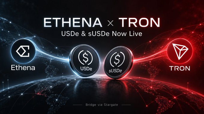 A collaboration announcement graphic reading 'ETHENA x TRON - USDe & sUSDe Now Live', displaying logos for Ethena, USDe, sUSDe, and TRON connected by glowing streams, with 'Bridge via Stargate' at the bottom.