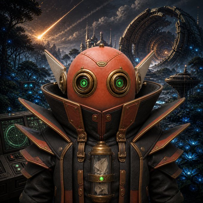 A digital artwork of a steampunk-style robot with glowing green eyes and a brass chest piece, standing before a fantastical landscape with a castle and a large circular structure.