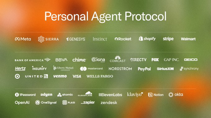 A 'Personal Agent Protocol' announcement slide featuring partner logos including Meta, Sierra, Genesys, Instinct, Rocket, Shopify, Stripe, Walmart, Bank of America, BBVA, and others.