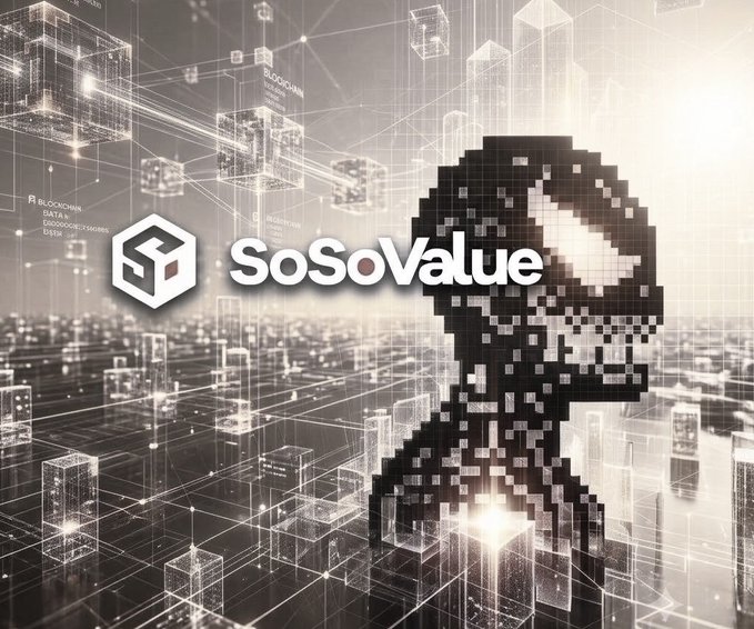 A promotional image for 'SoSoValue' featuring a pixelated question mark head against a backdrop of a digital blockchain network with floating cubes.