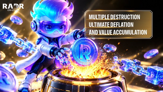 The image is a promotional graphic for "RADR ON-CHAIN," featuring a stylized cartoon character with vibrant blue glowing hair, futuristic goggles, and a white lab coat, reaching toward a large blue coin emblazoned with the letter "R." The coin emerges from a fiery barrel, symbolizing destruction or burning, while floating broken chain links surround the scene, reinforcing the theme of breaking free from supply constraints. The text overlay reads "MULTIPLE DESTRUCTION, ULTIMATE DEFLATION AND VALUE ACCUMULATION," directly aligning with the post's message about RADR's deflationary burn mechanisms designed to reduce circulating supply and strengthen the token's long-term value foundation.