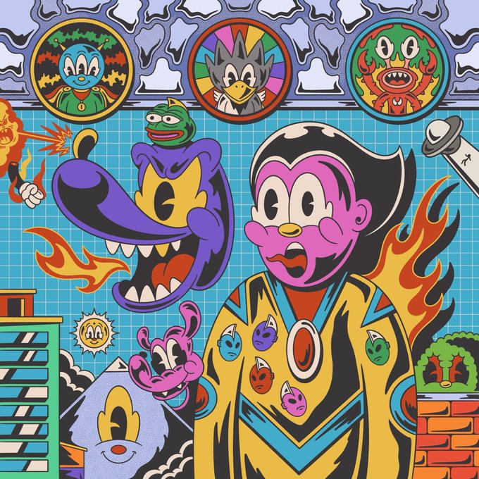 A vibrant, pop-art style illustration featuring cartoon characters including a woman in a yellow tracksuit, a purple monster, a frog, and various floating heads in circular frames against a blue grid background with flames.