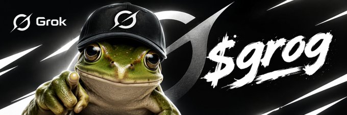 A Pepe-style frog wearing a black cap featuring the Grok logo points forward against a dark background with "$GROG" displayed in bold white brushstroke text and the Grok logo in the corner. The image promotes the $GROG token by leveraging the recognizable Grok branding and the pointed gesture to suggest insider conviction, aligning with the post's bold claim of calling it as the next 1000x coin.