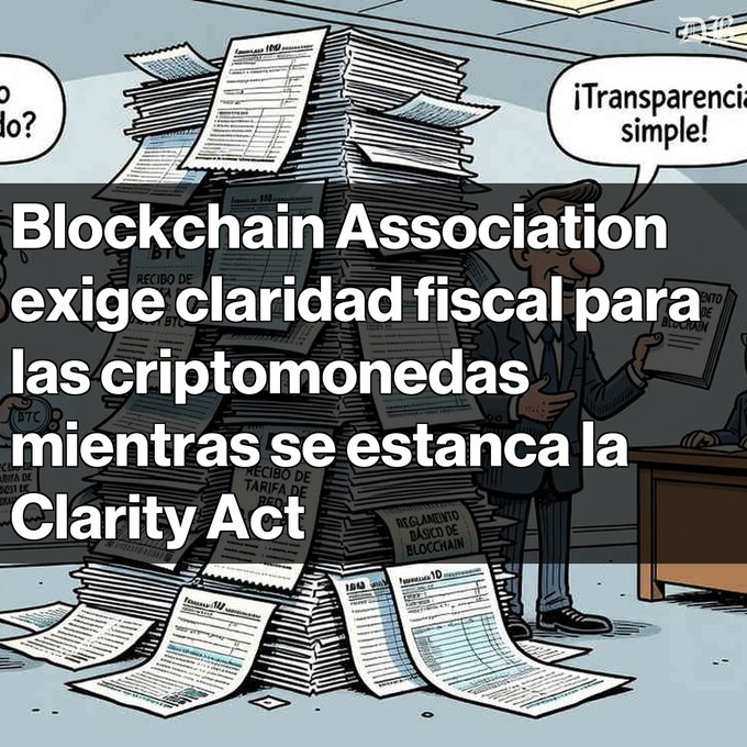 A Spanish-language graphic over a cartoon of paperwork and a speaker reads “Blockchain Association exige claridad fiscal para las criptomonedas mientras se estanca la Clarity Act.”