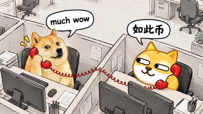 A cartoon illustration of an office setting where a Shiba Inu dog and a Doge meme cat are talking on red landline phones; the dog says 'much wow' and the cat says '如此币' (such coin).