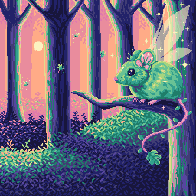 The image features a green mouse sitting on top of a tree branch, surrounded by leaves and flowers. The mouse appears to be looking at something or someone above it. The background consists of trees with purple and pink hues, creating an enchanting forest atmosphere. The caption below the image reads "happy #TezosTuesday #pixiemouse 9/10 10 xtz".