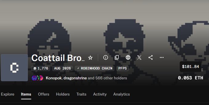 An OpenSea NFT listing page for 'Coattail Bro...' priced at $101.84 / 0.053 ETH, with 1,776 holders and PFPS/Robinhood Chain tags.