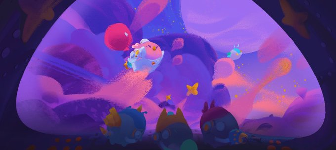 A whimsical digital illustration of cute, colorful creature characters in a dreamy purple landscape with fluffy clouds and stars.