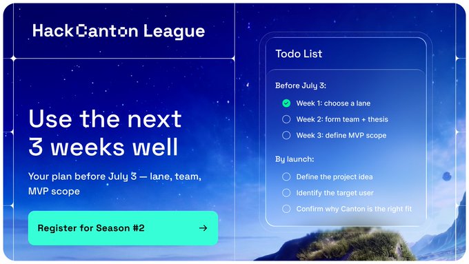 The image shows a poster for an app called appsfactory.cc that starts with "HackCanton S2" and ends with "uses the next 3 weeks well". The poster has a blue background, white text, and a picture of a mountain landscape. It also includes a list of tasks to be completed before July 3th.