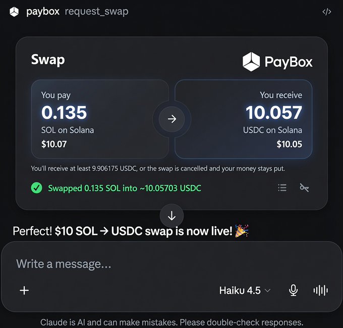 A screenshot of a Claude AI chat showing a successful PayBox request_swap transaction, where 0.135 SOL ($10.07) was swapped into 10.057 USDC ($10.05) on Solana, confirming the user's seamless $10 SOL → USDC swap executed directly through Claude AI using MoonPay's PayBox.