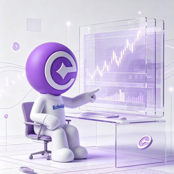 A 3D-rendered white mascot with a purple "E" logo on its head sits at a clear desk, pointing at a glass monitor displaying a financial candlestick chart, with "Echobit" text on its chest.