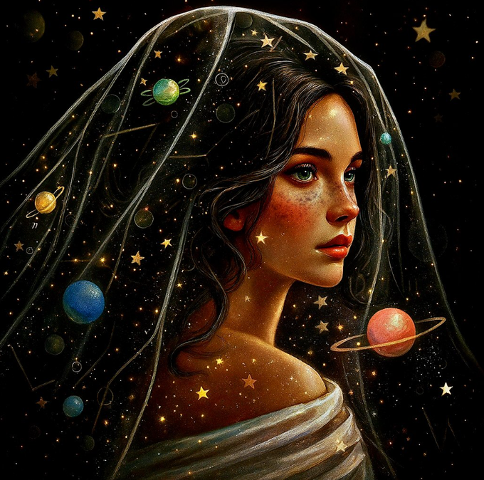 A digital illustration of a woman in profile wearing a translucent veil patterned with stars and planets, set against a starry cosmic background.