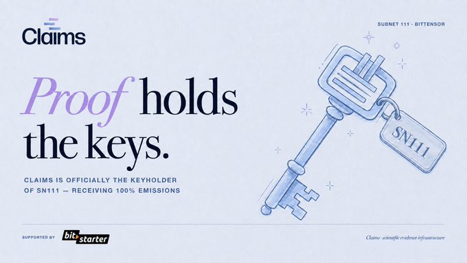 A promotional graphic for 'Claims' announcing it as the official keyholder of SN111 — Bittensor, with the headline 'Proof holds the keys.'