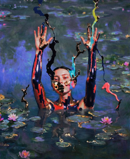 A figure emerges from a Monet-inspired lily pond with arms raised, dripping vibrant streams of colorful paint (gold, black, blue, red) into the still water, blending classical impressionism with surrealist abstraction. The "gm" caption fits the painting's dreamlike, ethereal mood—evoking a fresh, artistic "good morning" greeting through its surreal, fluid imagery.