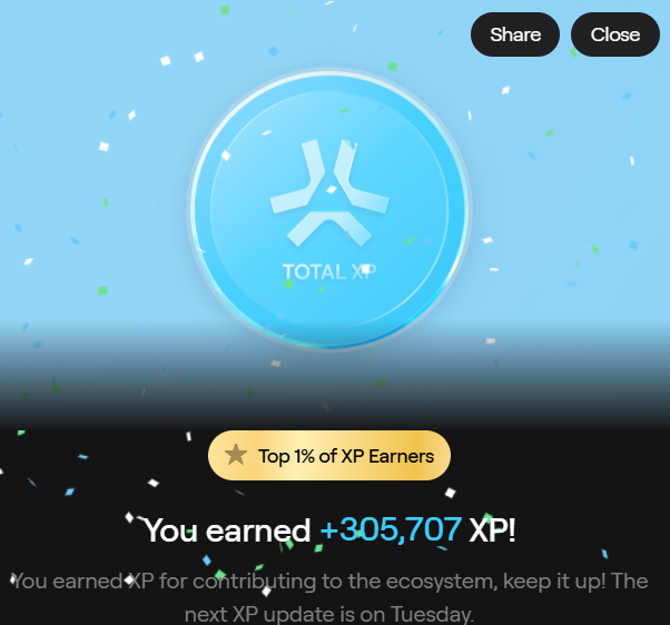 A celebration screen with a light blue background and confetti, featuring a glowing blue 'TOTAL XP' badge and text stating 'You earned +305,707 XP!' with a badge marking the user as a 'Top 1% of XP Earners'.