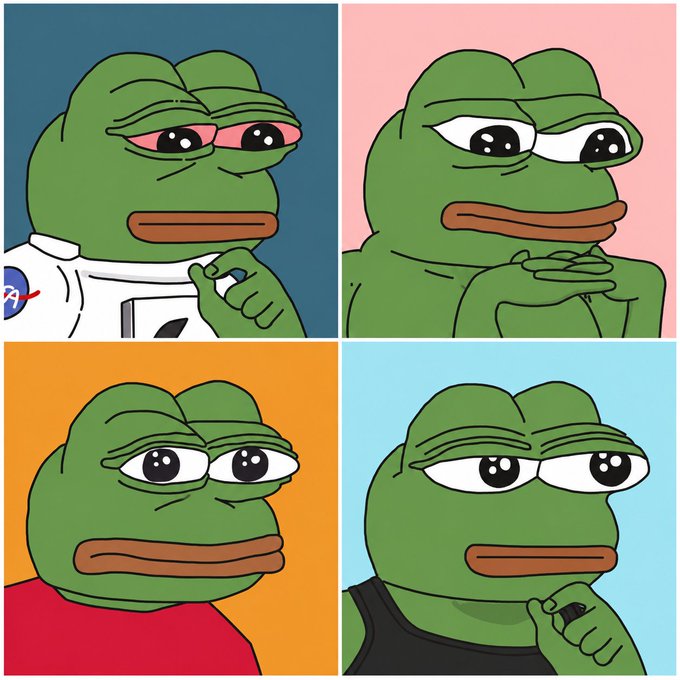 A four-panel grid of cute cartoon Pepe the Frog illustrations, each depicting the character with different expressions and outfits against solid colored backgrounds.