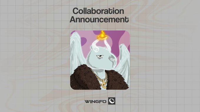 The image features a cartoon bird with wings, wearing a brown coat and gold chain around its neck. The bird appears to be looking down at something or someone, possibly an email address displayed below the bird's head. Below this, there is text that reads "Collaboration Announcement".