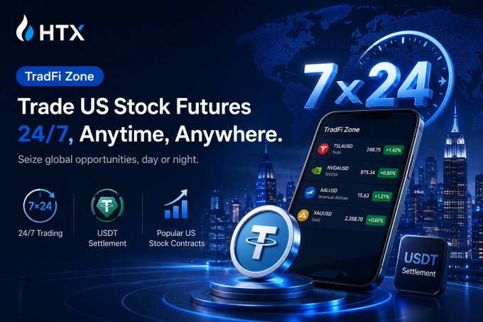 The image features a cell phone displaying a cryptocurrency trading app called "HTX" against a city skyline backdrop. The text on the screen reads, "Focus on what is in the image and how it relates to the post." This suggests that the viewer should pay attention to the details of the app's interface or content related to the post about cryptocurrency markets and trading apps.