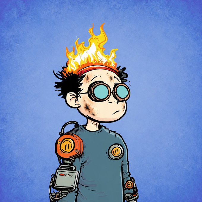 A digital illustration features a character with messy black hair, round teal goggles, a smudged face, and a head engulfed in flames, wearing a blue shirt with mechanical attachments, set against a blue background.