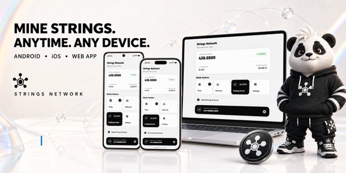 An advertisement for "Strings Network" displays the slogan "MINE STRINGS. ANYTIME. ANY DEVICE." for Android, iOS, and Web App, featuring a panda mascot alongside mockups of the platform on phones and a laptop.