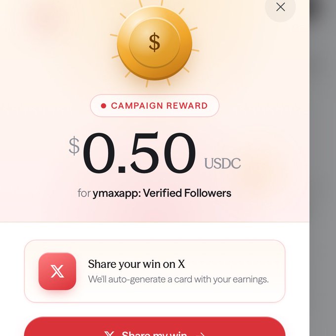!"Campaign Reward" and "$0.50 0.50 USDC for X Premium Users FCFS". It seems like this app might be related to an e-commerce or gaming platform, as $0.50 is a promotional amount for users who spend more than that on the application. The post suggests sharing it with friends to increase one's own reward.