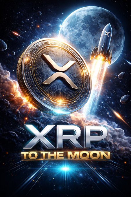 A digital graphic promoting XRP cryptocurrency, displaying a large XRP coin and a rocket ship launching past the moon, with the text 'XRP TO THE MOON'.
