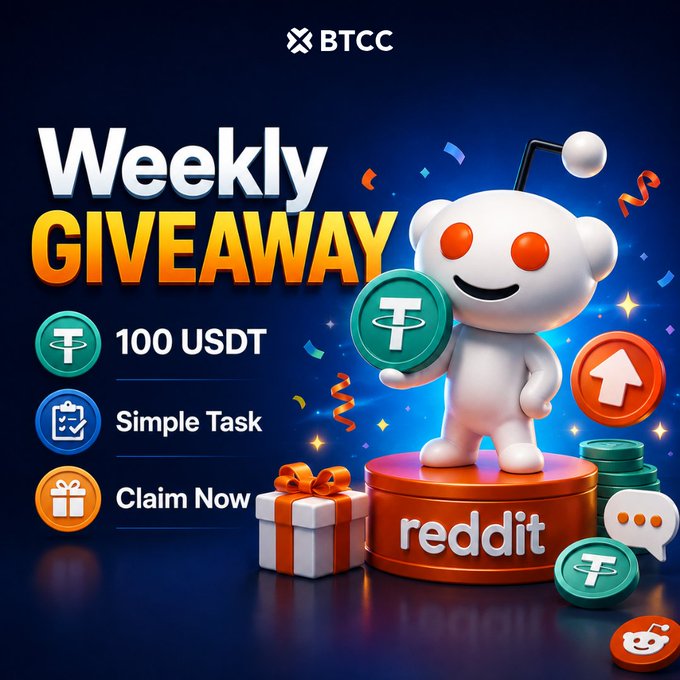 A BTCC promotional graphic advertising a 'Weekly GIVEAWAY' of '100 USDT' featuring a white Reddit alien mascot holding a Tether coin, with calls to 'Simple Task' and 'Claim Now' against a dark blue confetti background.